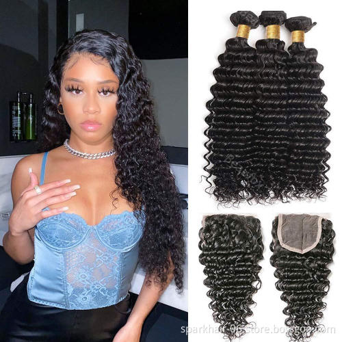 4 Bundles Human Hair With 4x4 Lace Closure,100% Vietnamese Human Hair Extensions For Black Women Straight Body  Deep Water Wave